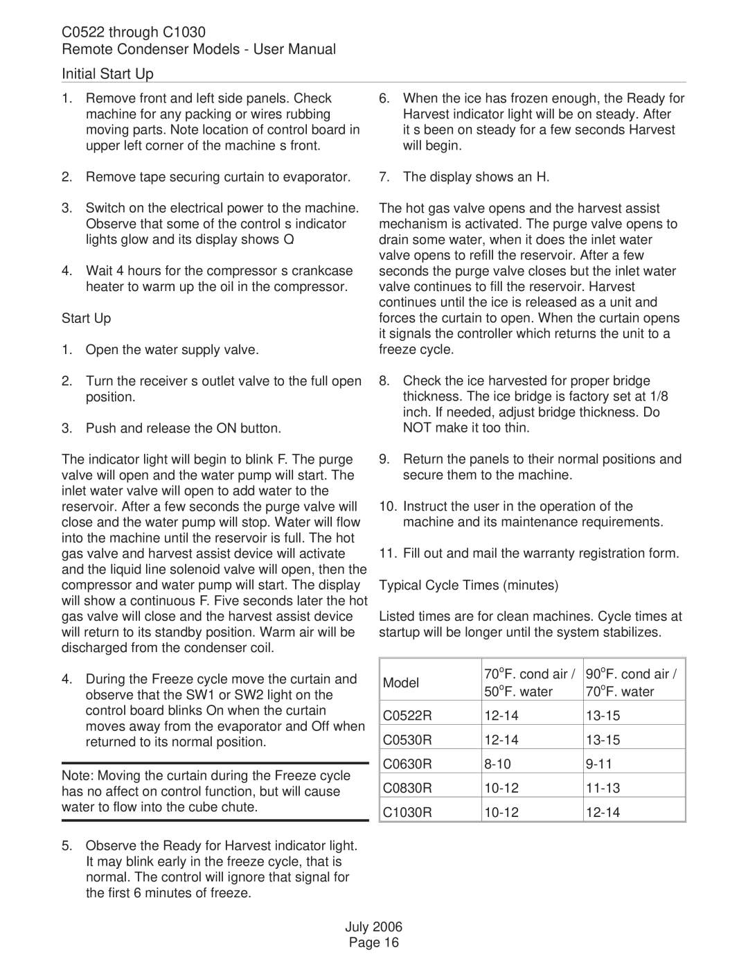 Scotsman Ice C0530, C0830, C0630 user manual C0522 through C1030 Initial Start Up, Typical Cycle Times minutes 