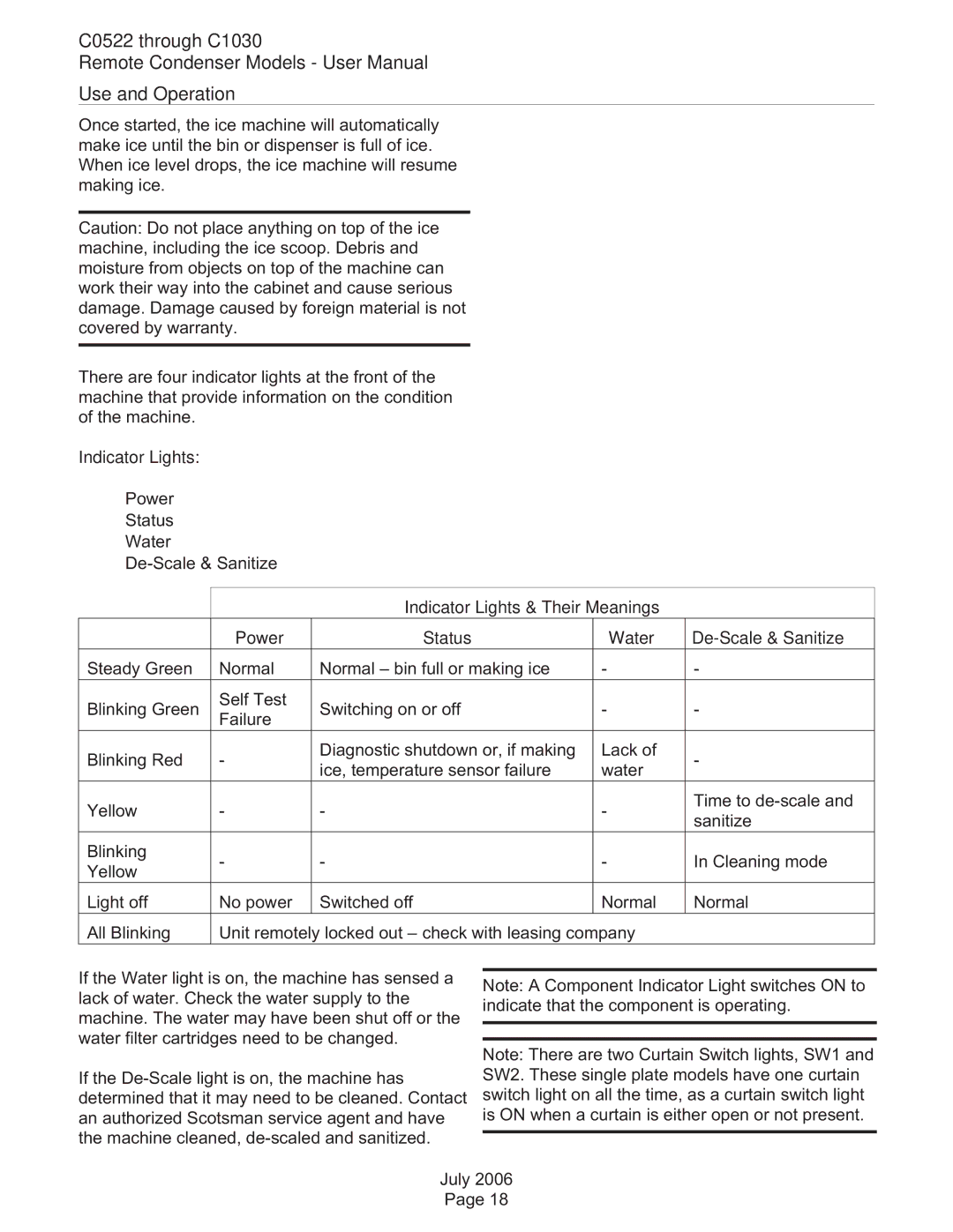 Scotsman Ice C0530, C0830, C0630 user manual C0522 through C1030 Use and Operation, Indicator Lights 