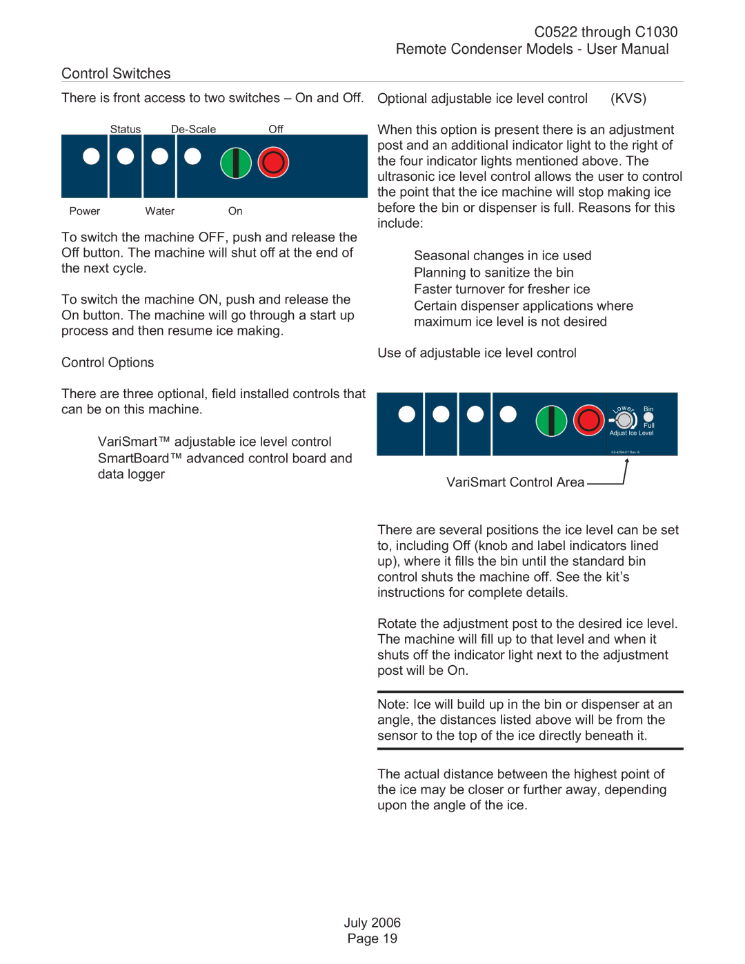 Scotsman Ice C0530, C0830, C0630 user manual C0522 through C1030 Control Switches, Control Options 