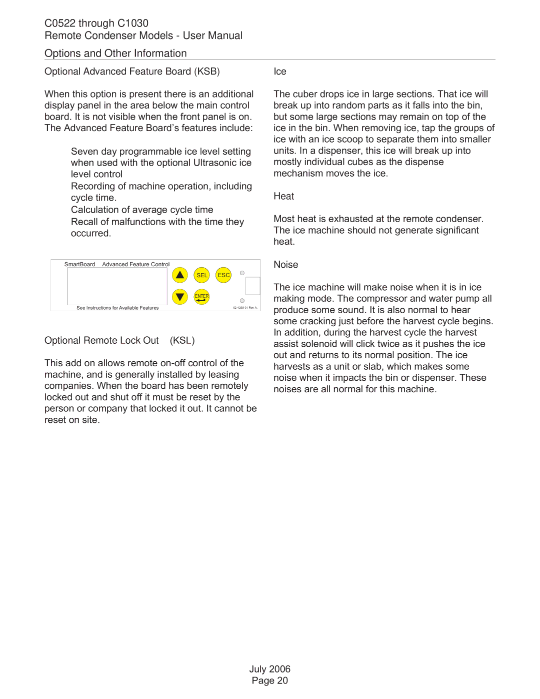 Scotsman Ice C0830 C0522 through C1030 Options and Other Information, Optional Advanced Feature Board KSB Ice, Heat, Noise 