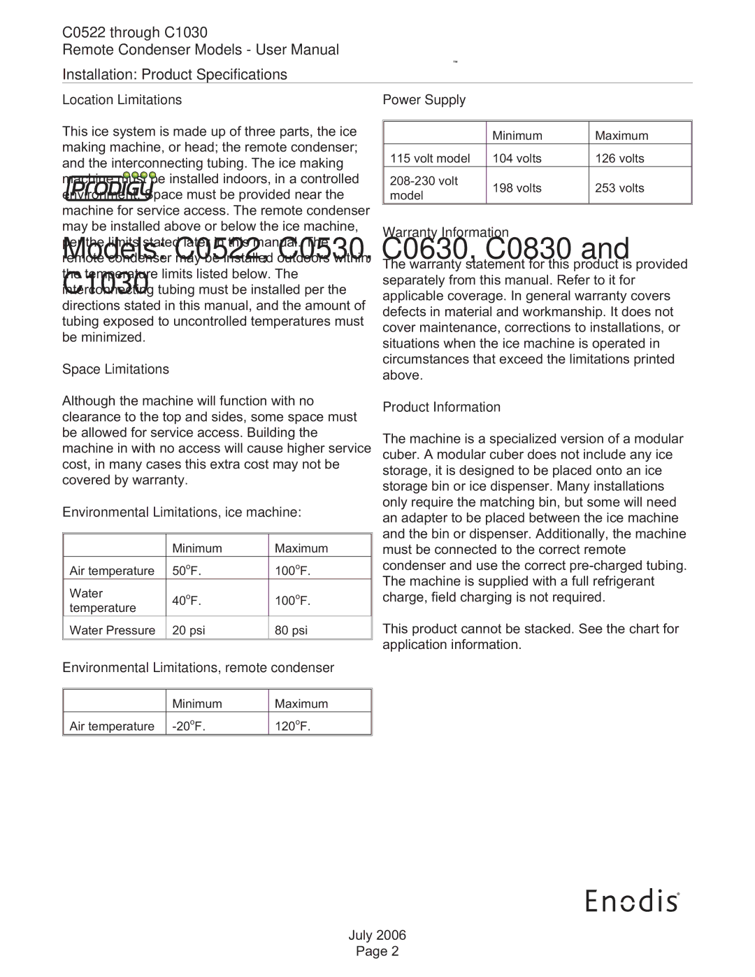 Scotsman Ice C0630, C0530, C0830 user manual C0522 through C1030 Installation Product Specifications 