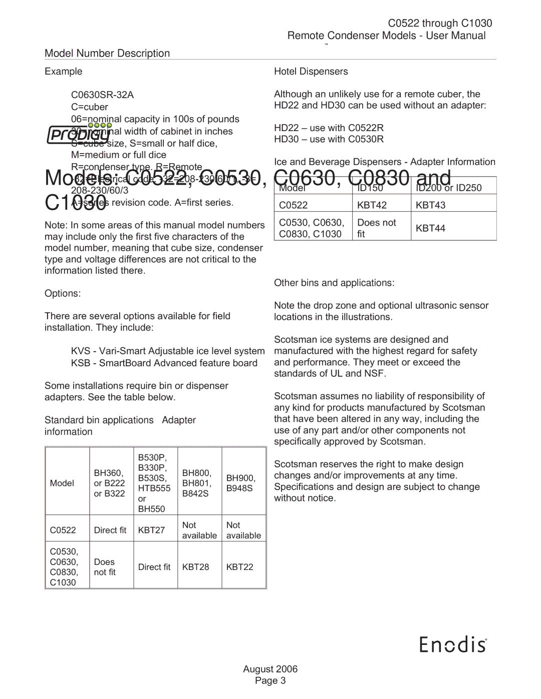 Scotsman Ice C0530, C0830 C0522 through C1030 Model Number Description, Example, Options, Other bins and applications 