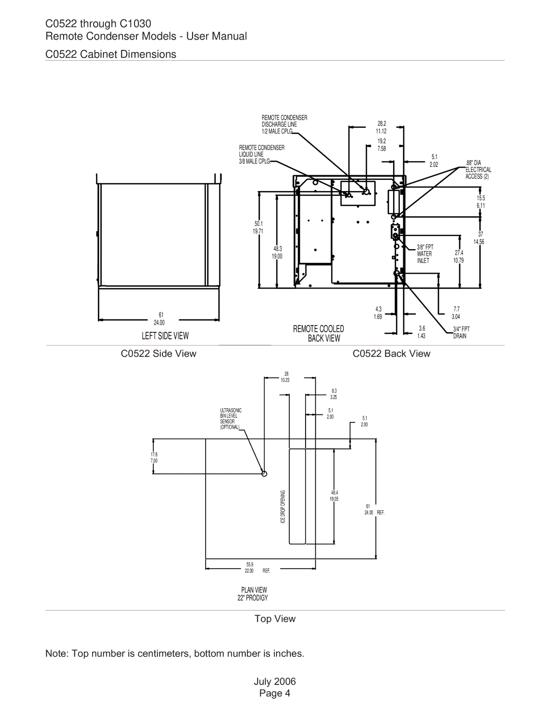 Scotsman Ice C0530, C0830, C0630 user manual C0522 through C1030 C0522 Cabinet Dimensions, C0522 Side View C0522 Back View 