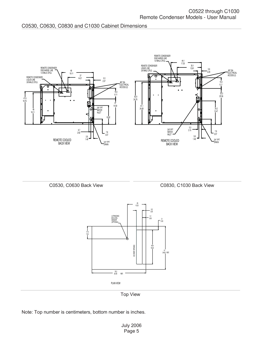 Scotsman Ice C0522 user manual C0530, C0630 Back View C0830, C1030 Back View 