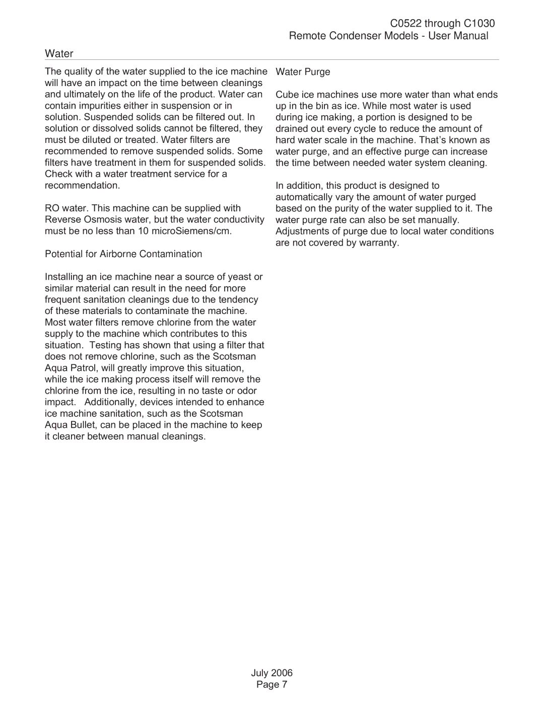 Scotsman Ice C0630, C0530, C0830 user manual C0522 through C1030 Water, Potential for Airborne Contamination, Water Purge 