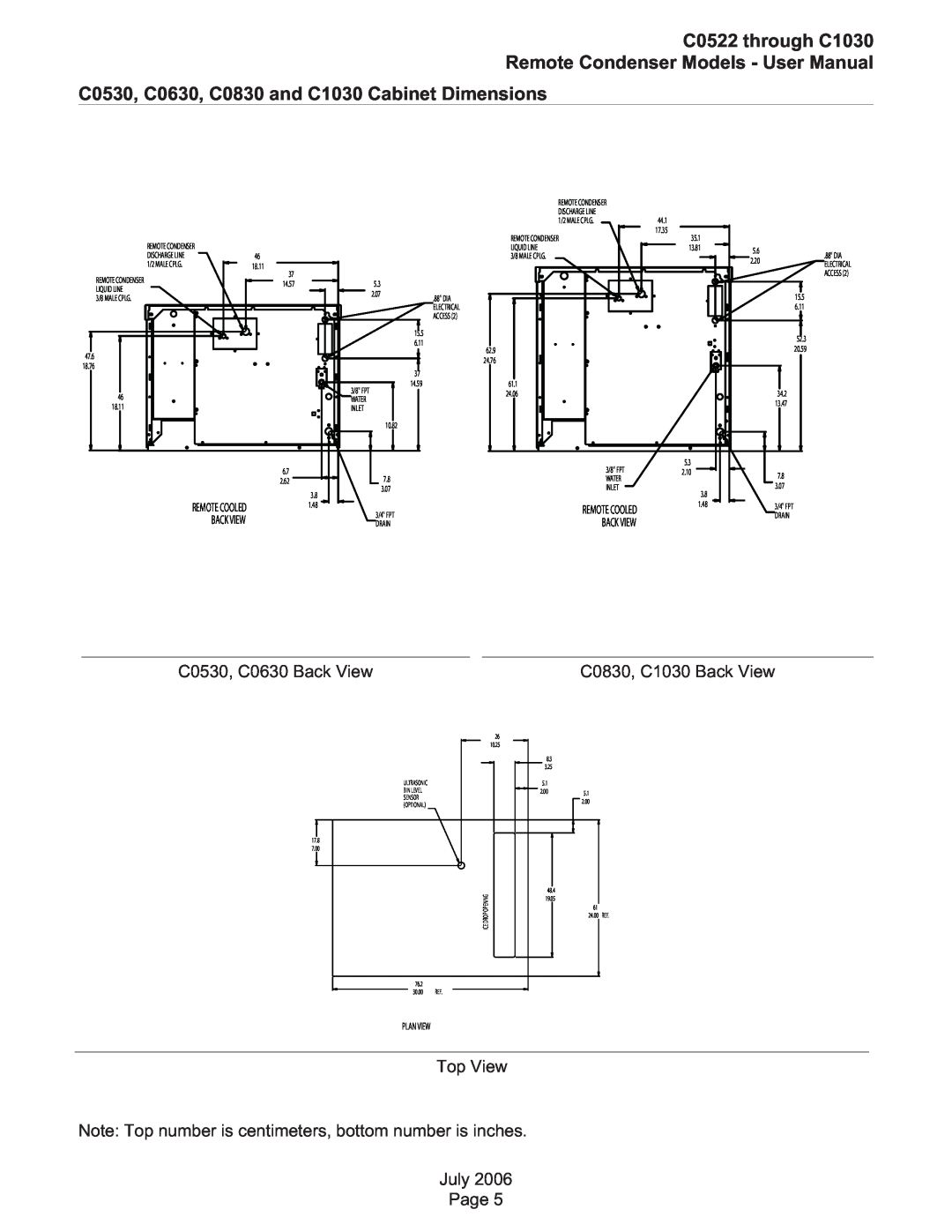 Scotsman Ice C0830, C0530 C0522 through C1030 Remote Condenser Models - User Manual, Remote Cooled, Back View, Plan View 