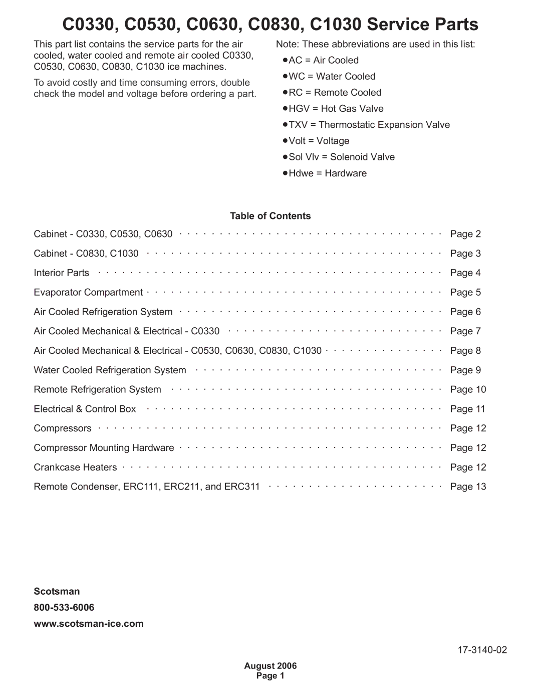 Scotsman Ice manual C0330, C0530, C0630, C0830, C1030 Service Parts, Scotsman 