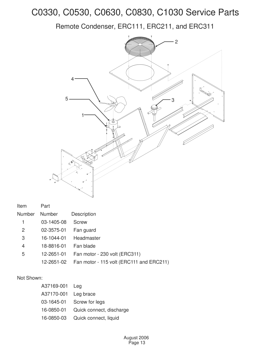 Scotsman Ice C0830, C0530, C0330 manual Remote Condenser, ERC111, ERC211, and ERC311, Part Number 