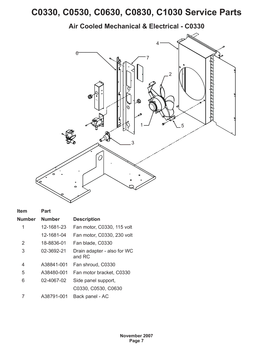 Scotsman Ice C0830, C0530 manual Air Cooled Mechanical & Electrical C0330 