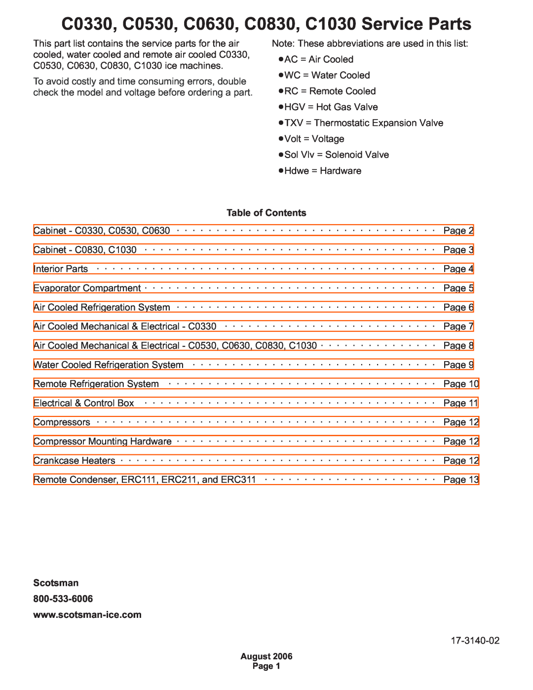 Scotsman Ice manual C0330, C0530, C0630, C0830, C1030 Service Parts, Scotsman 