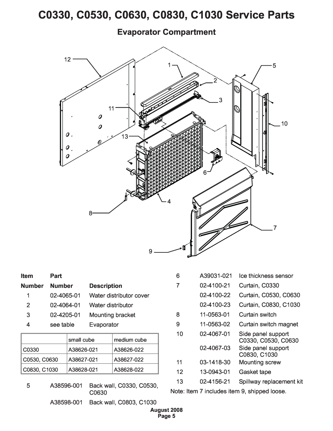 Scotsman Ice manual Evaporator Compartment, Item Part, Number Number, C0330, C0530, C0630, C0830, C1030 Service Parts 