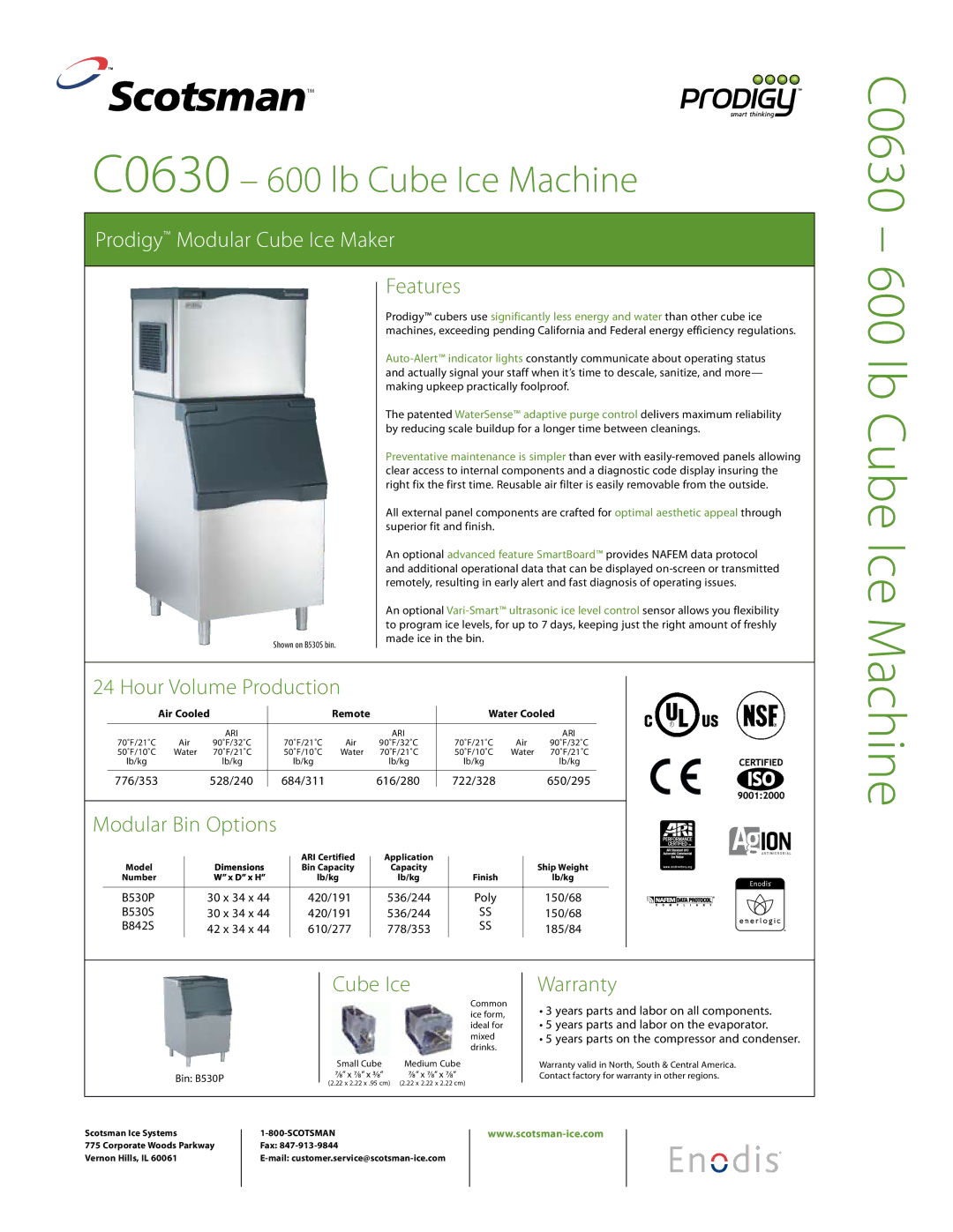 Scotsman Ice C0630 warranty Features, Hour Volume Production, Modular Bin Options, Cube Ice, Warranty 