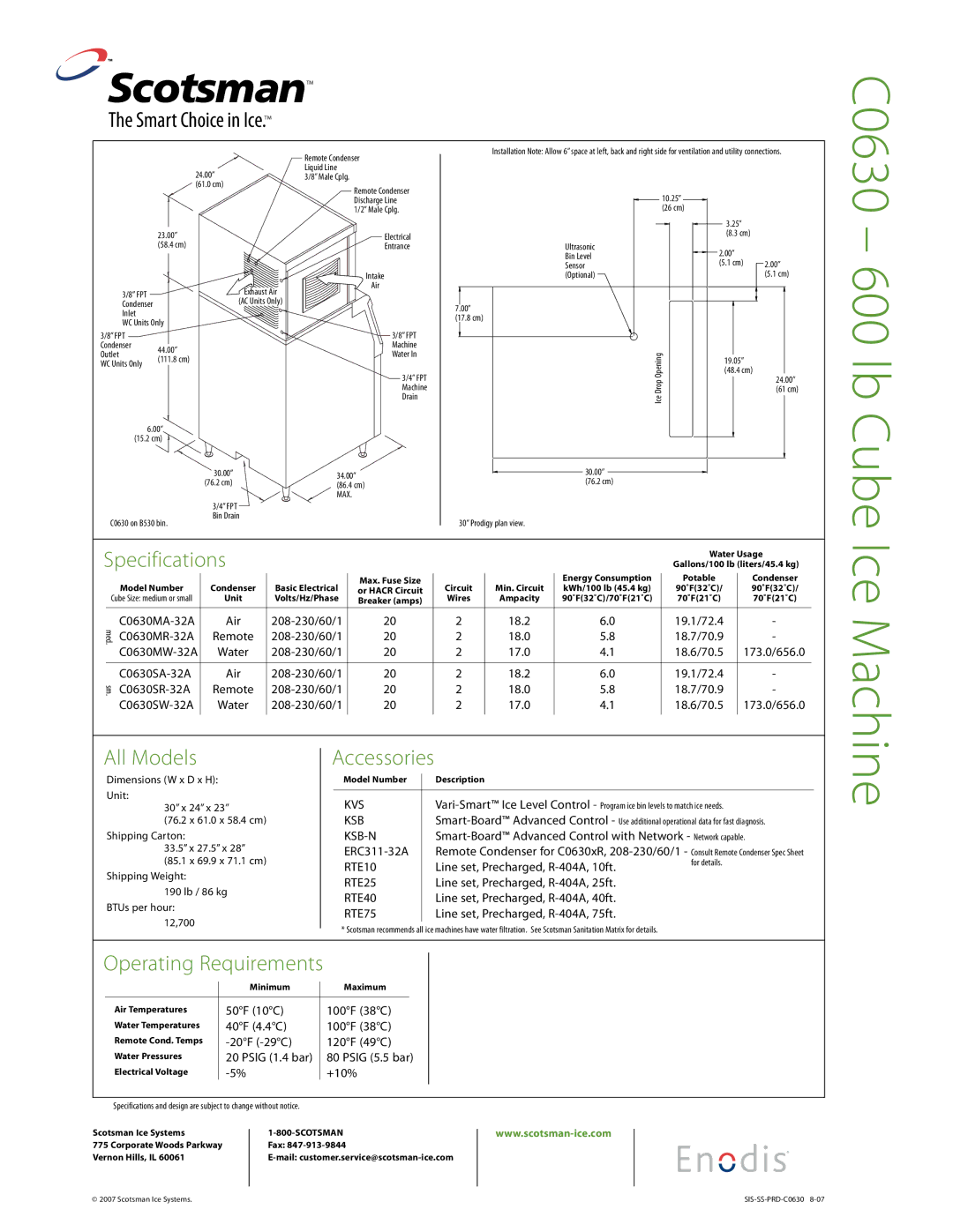 Scotsman Ice C0630 warranty Specifications, All Models, Accessories 