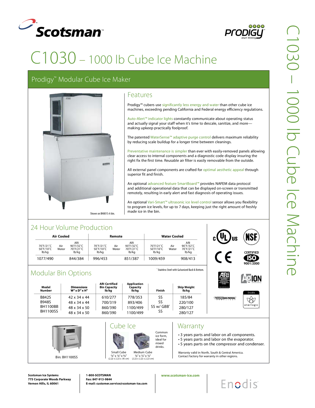 Scotsman Ice C1030 warranty Features, Hour Volume Production, Cube Ice, Warranty 