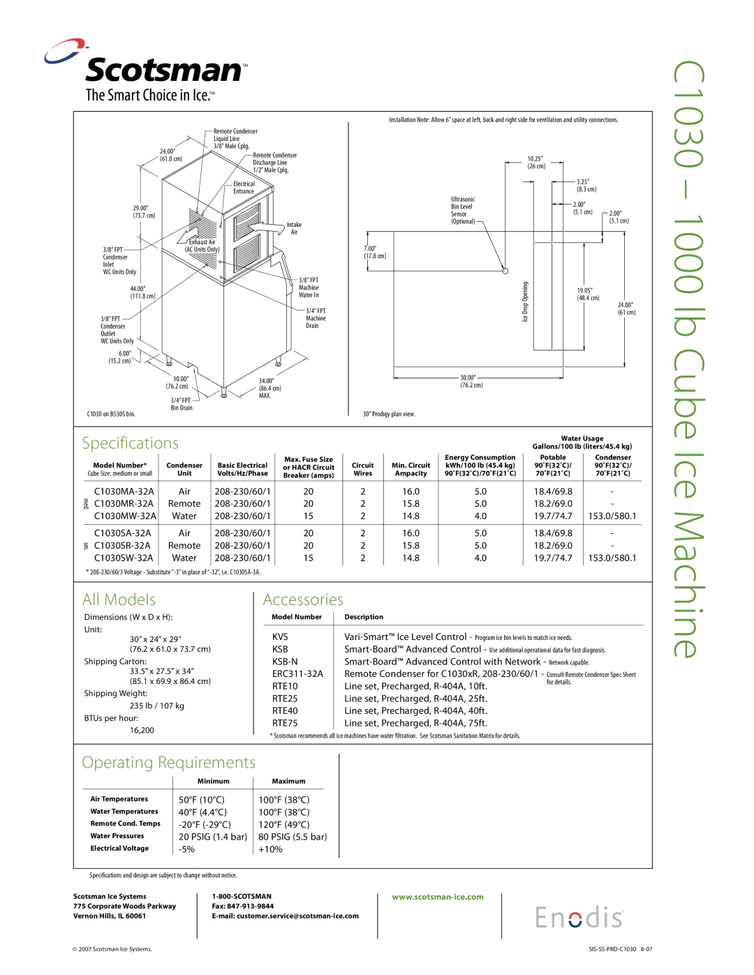 Scotsman Ice C1030 warranty Specifications, All Models, Accessories 