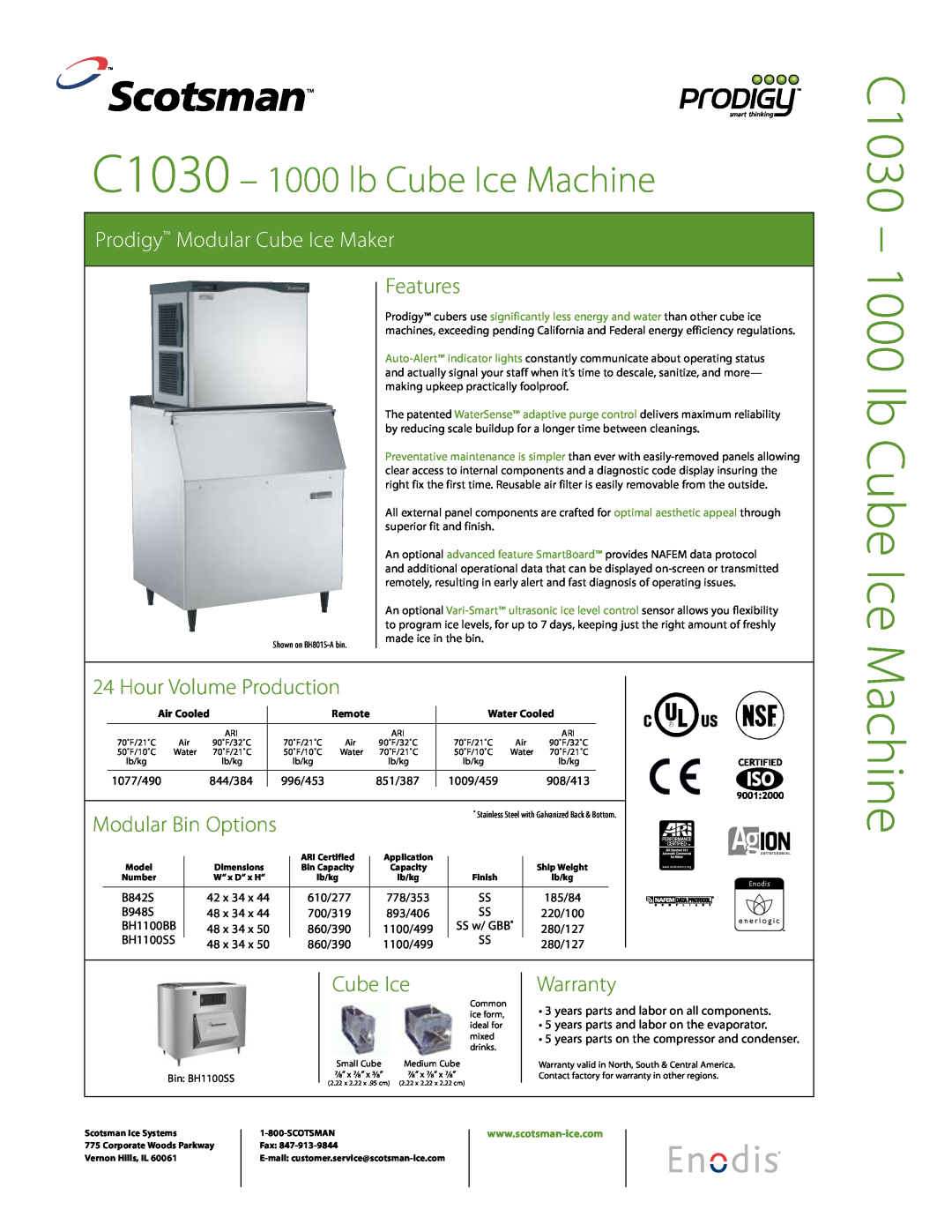 Scotsman Ice C1030 warranty Features, Hour Volume Production, Cube Ice, Warranty, Modular Bin Options, Machine 