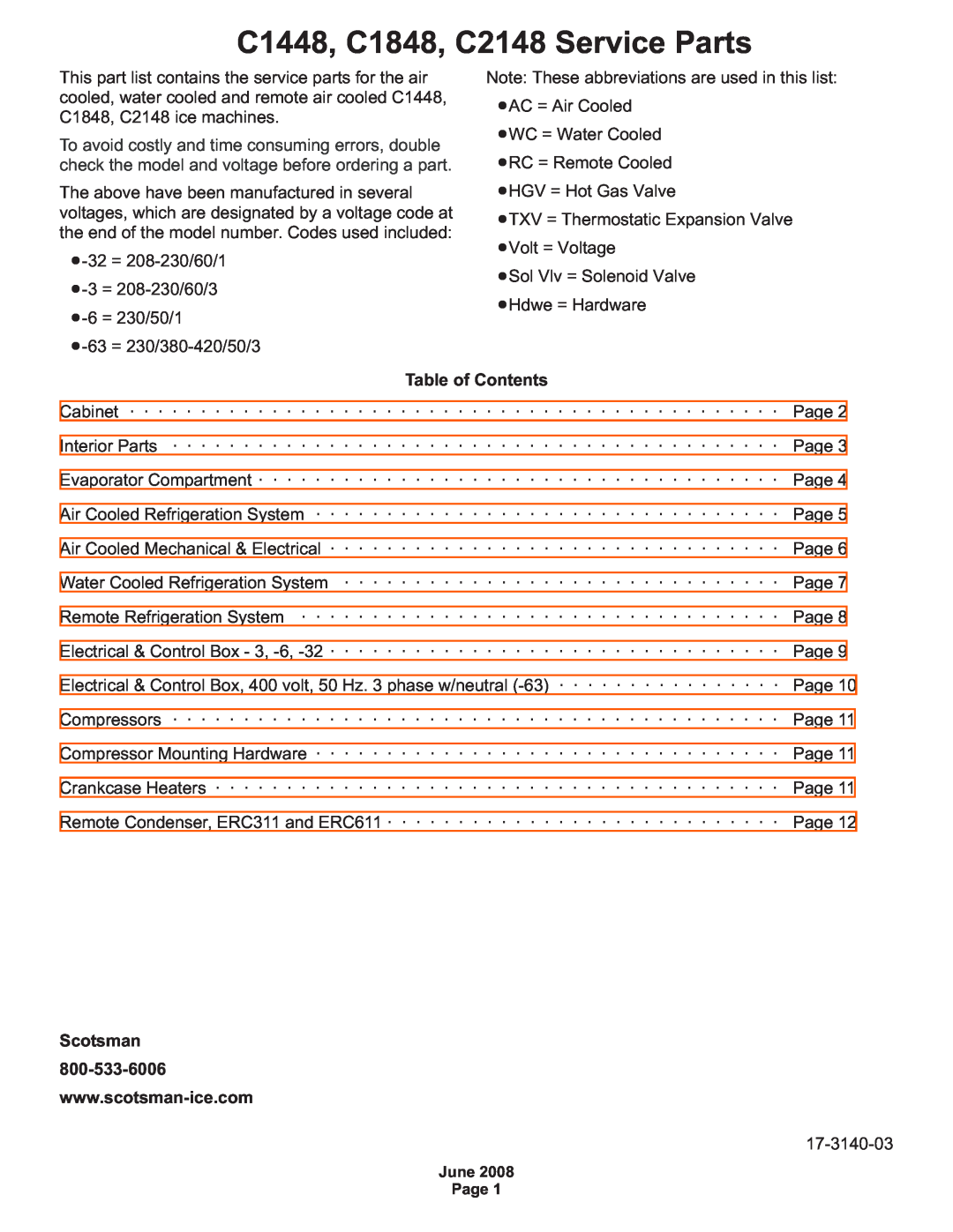 Scotsman Ice manual C1448, C1848, C2148 Service Parts, Table of Contents, Scotsman 