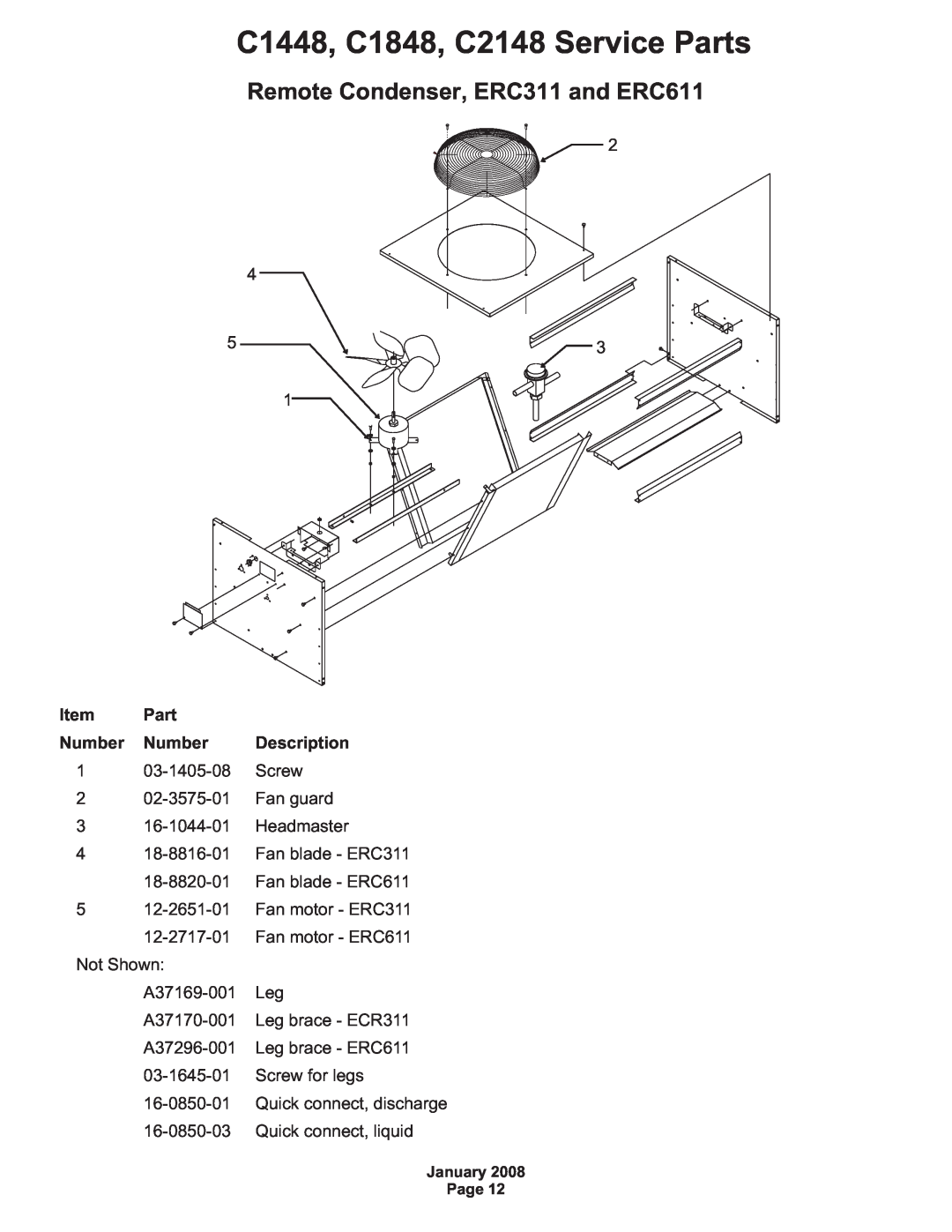 Scotsman Ice manual Remote Condenser, ERC311 and ERC611, C1448, C1848, C2148 Service Parts, Number 