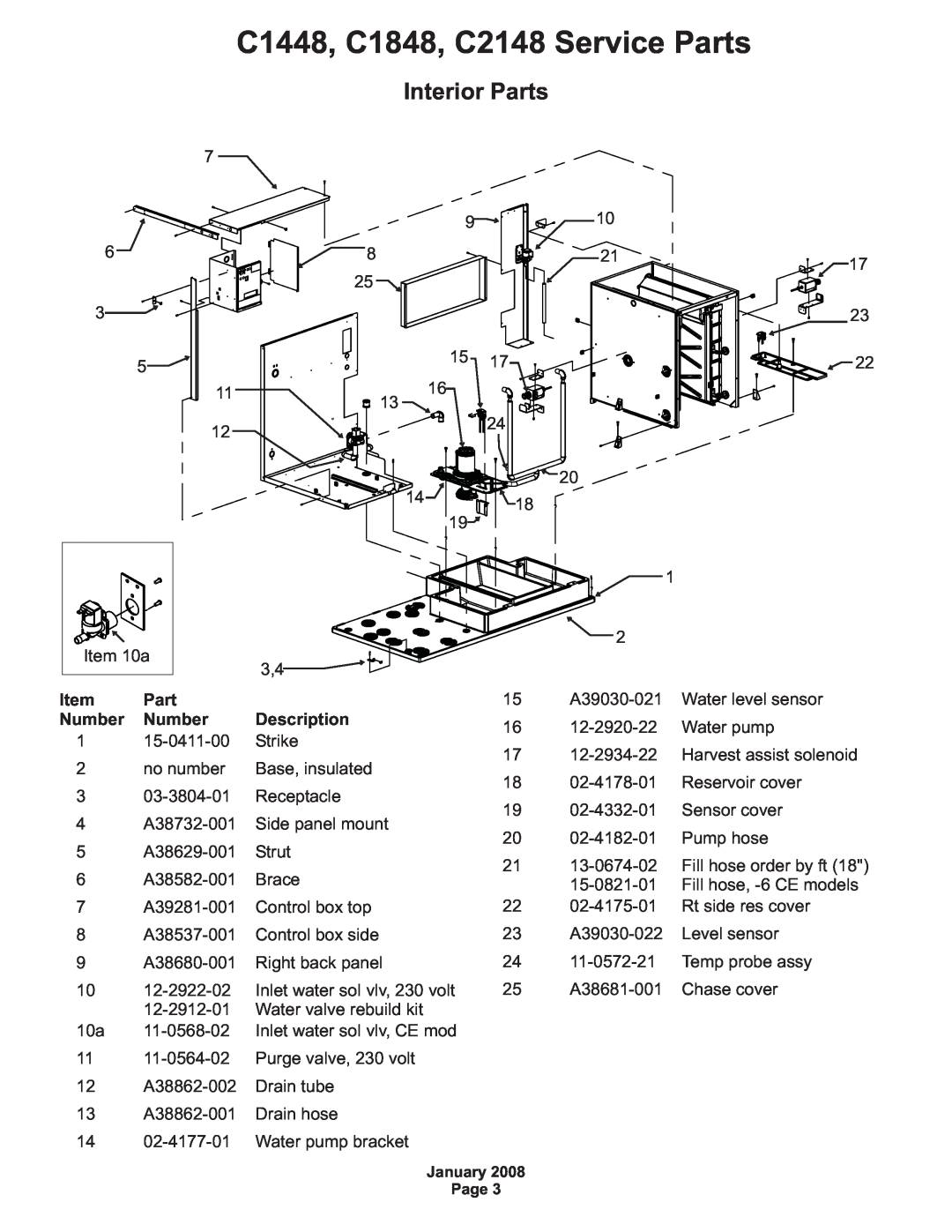 Scotsman Ice manual Interior Parts, C1448, C1848, C2148 Service Parts, Number, Description 