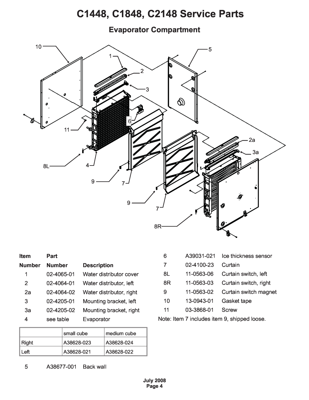 Scotsman Ice manual Evaporator Compartment, Item Part, Number Number, C1448, C1848, C2148 Service Parts 
