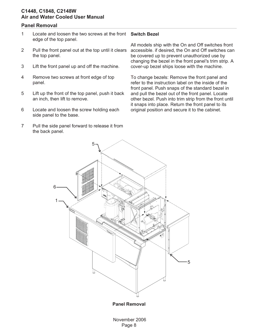 Scotsman Ice user manual C1448, C1848, C2148W Panel Removal, Switch Bezel 