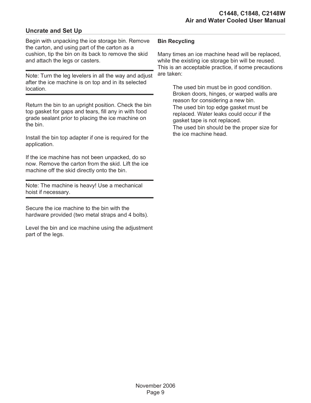 Scotsman Ice user manual C1448, C1848, C2148W Uncrate and Set Up, Bin Recycling 