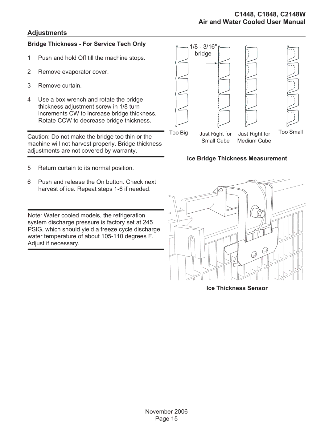 Scotsman Ice user manual C1448, C1848, C2148W Adjustments, Bridge Thickness For Service Tech Only 