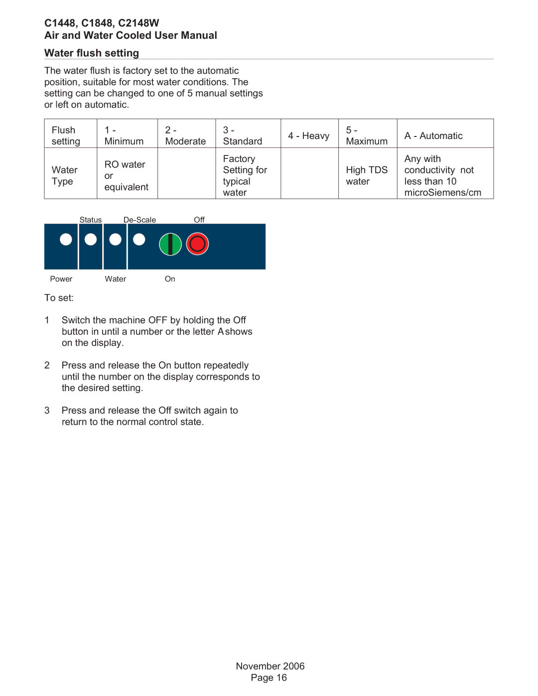 Scotsman Ice user manual C1448, C1848, C2148W Water flush setting 