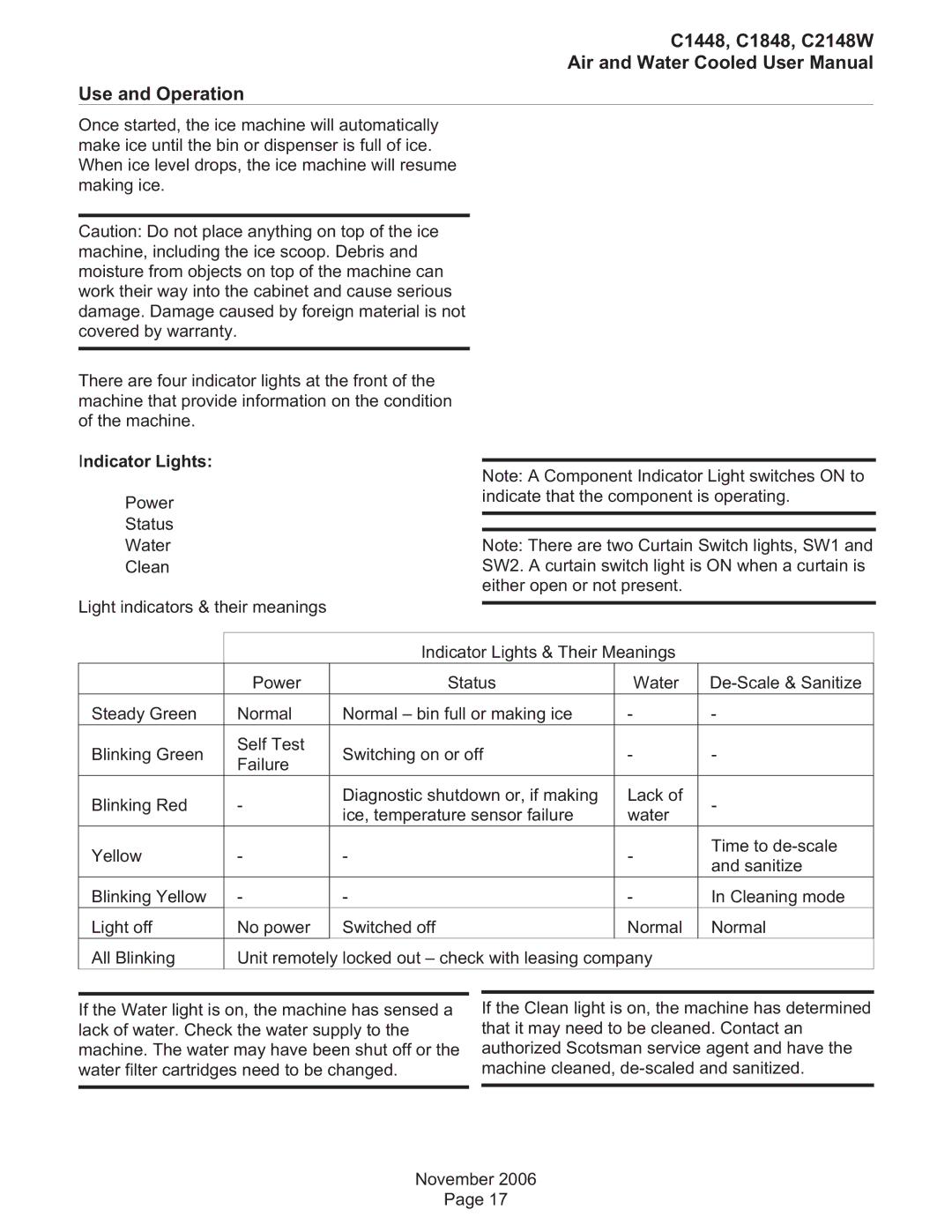 Scotsman Ice user manual C1448, C1848, C2148W Use and Operation, Indicator Lights 