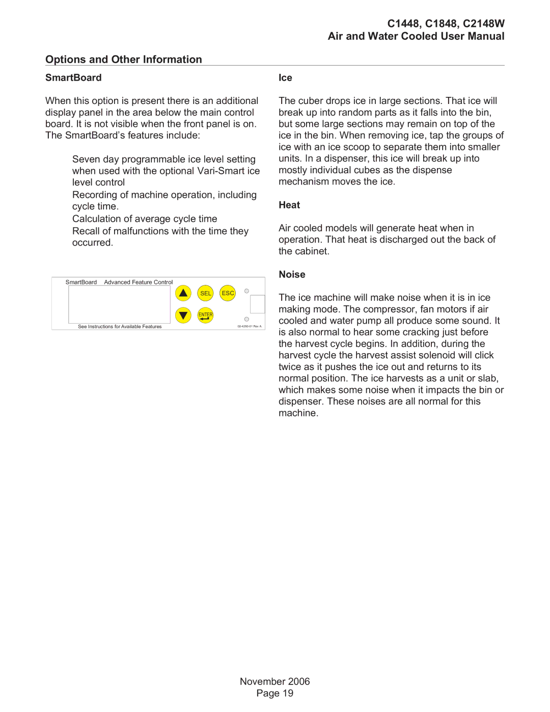 Scotsman Ice user manual C1448, C1848, C2148W Options and Other Information, SmartBoard Ice, Heat, Noise 