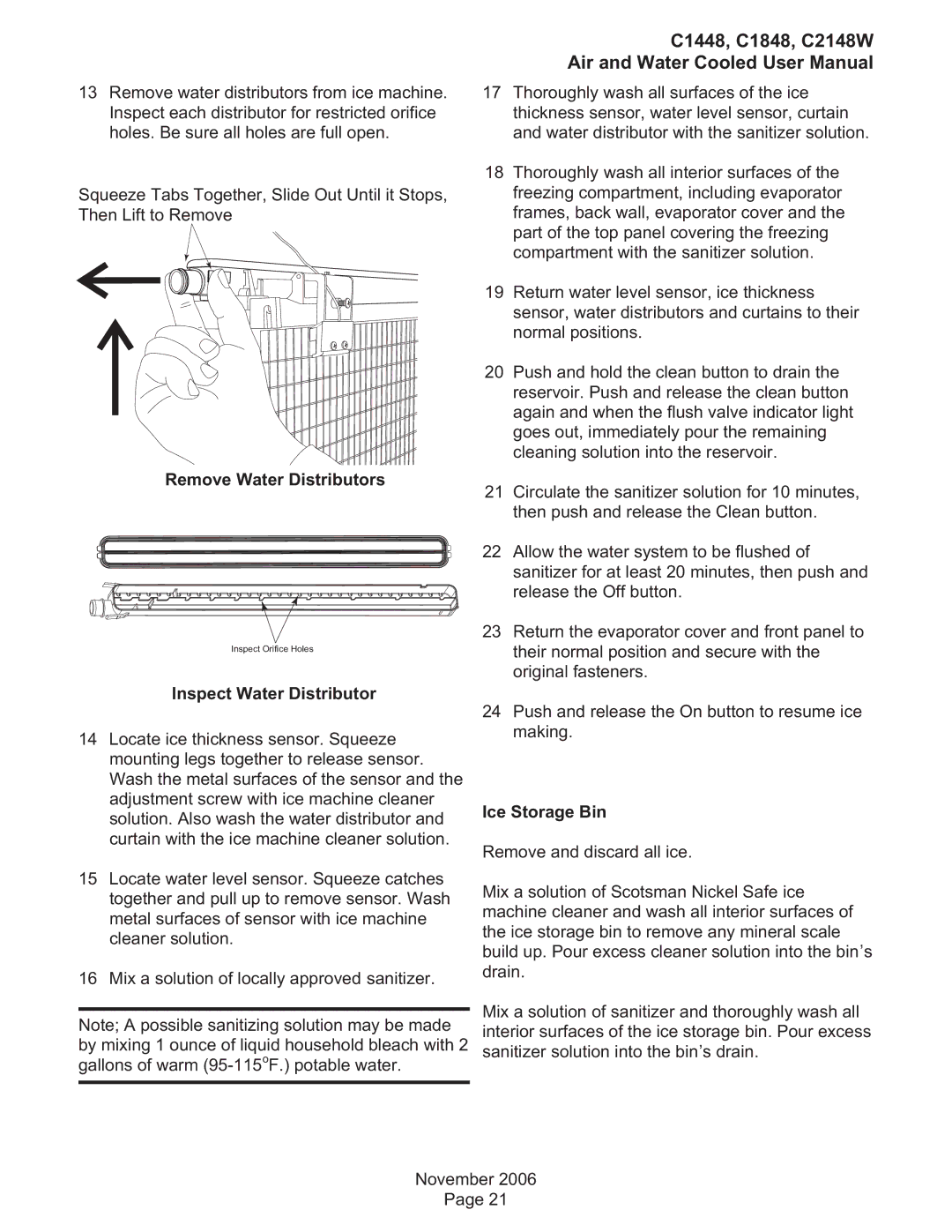 Scotsman Ice C1848, C2148W, C1448 user manual Remove Water Distributors, Inspect Water Distributor, Ice Storage Bin 