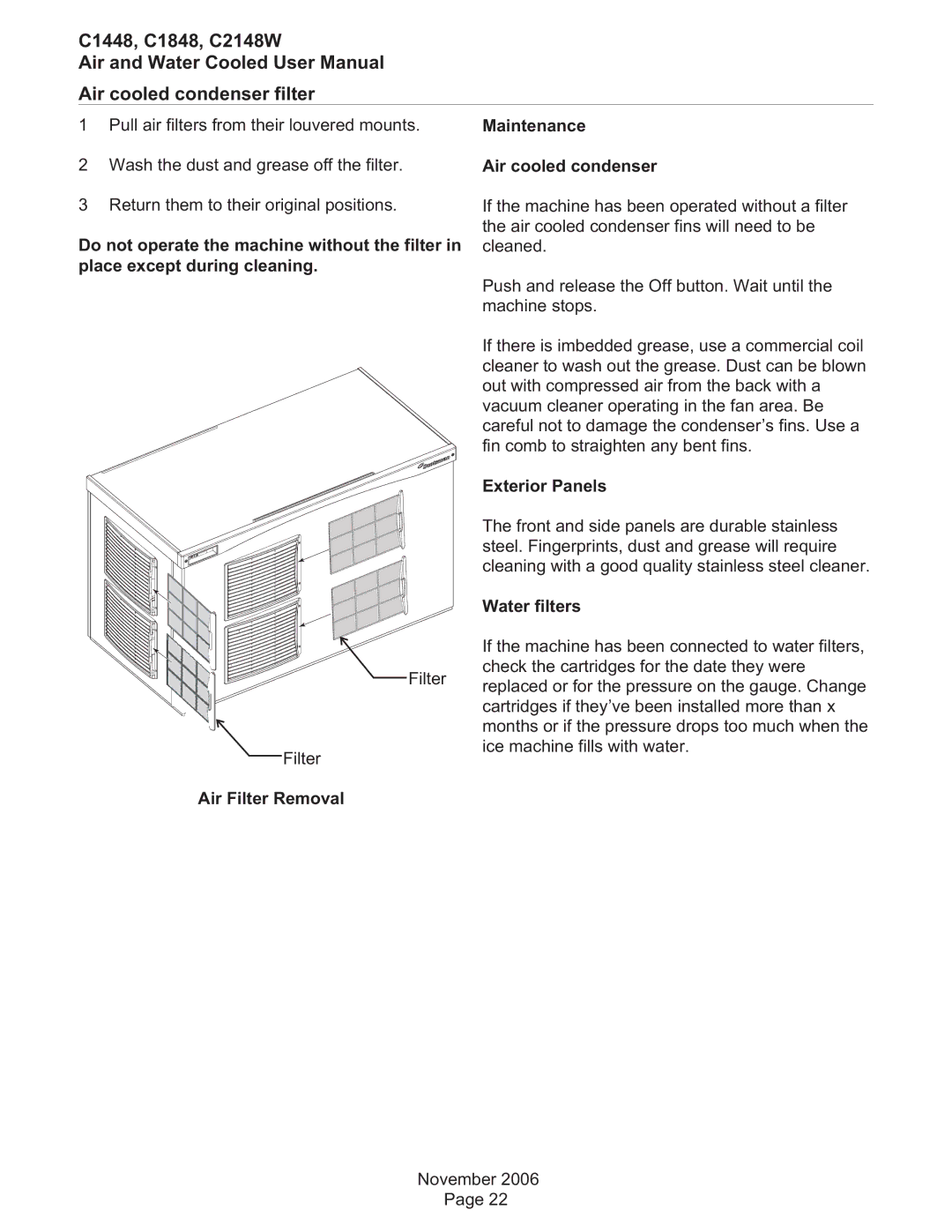 Scotsman Ice C1448, C1848, C2148W Air cooled condenser filter, Maintenance Air cooled condenser, Exterior Panels 