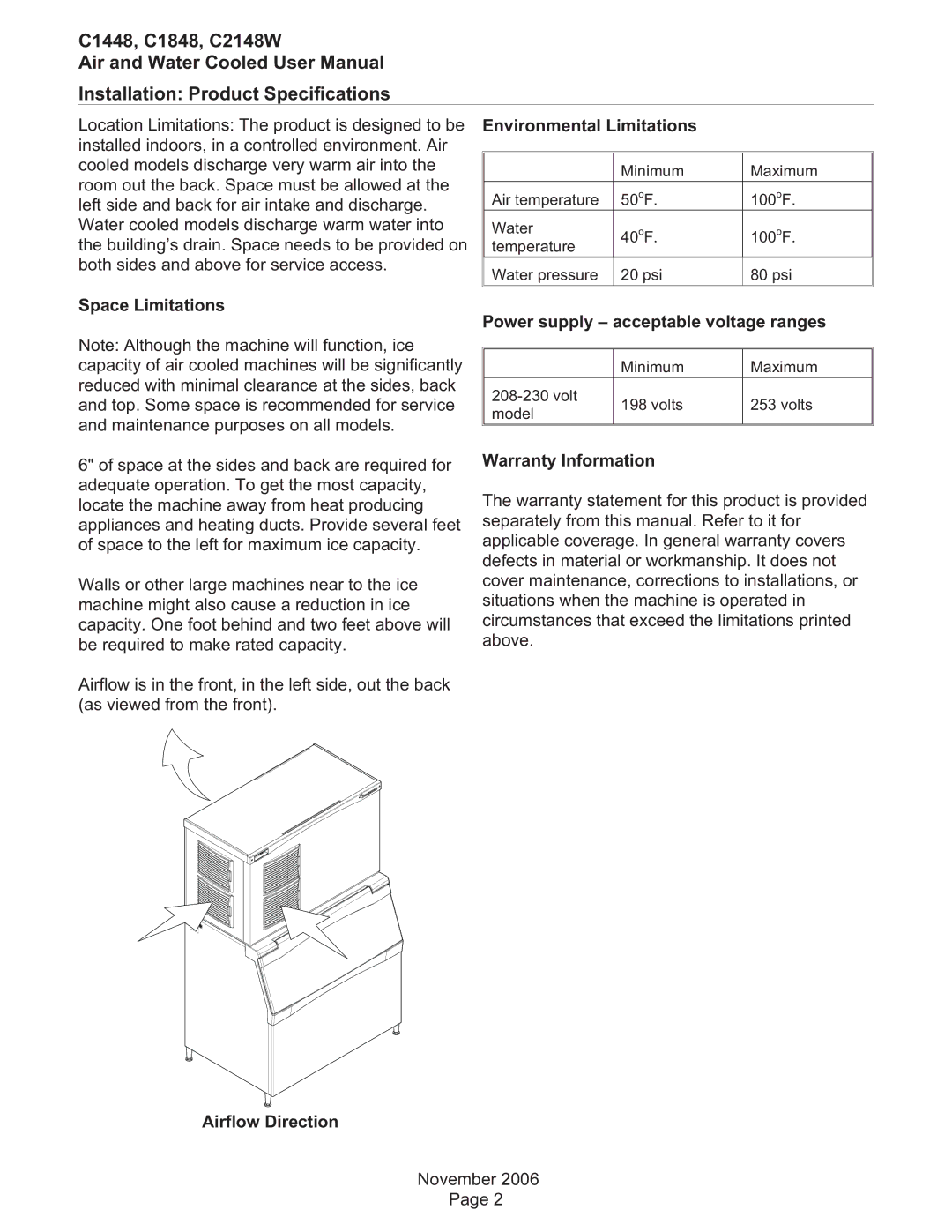 Scotsman Ice user manual C1448, C1848, C2148W Installation Product Specifications 