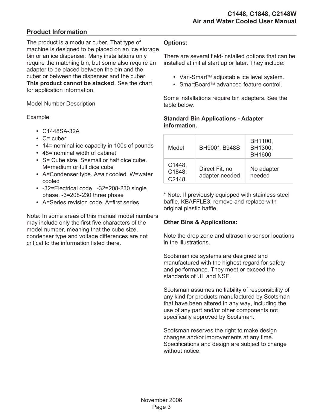 Scotsman Ice C1448, C1848, C2148W Product Information, Options, Standard Bin Applications Adapter information 