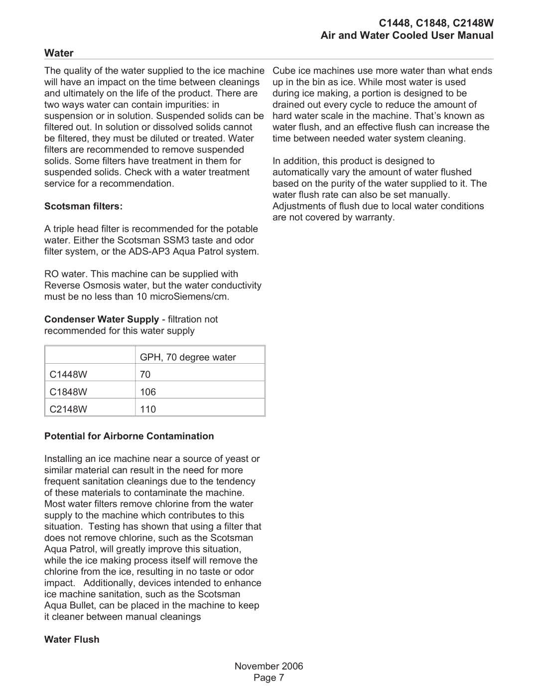 Scotsman Ice user manual C1448, C1848, C2148W Water, Scotsman filters, Potential for Airborne Contamination, Water Flush 