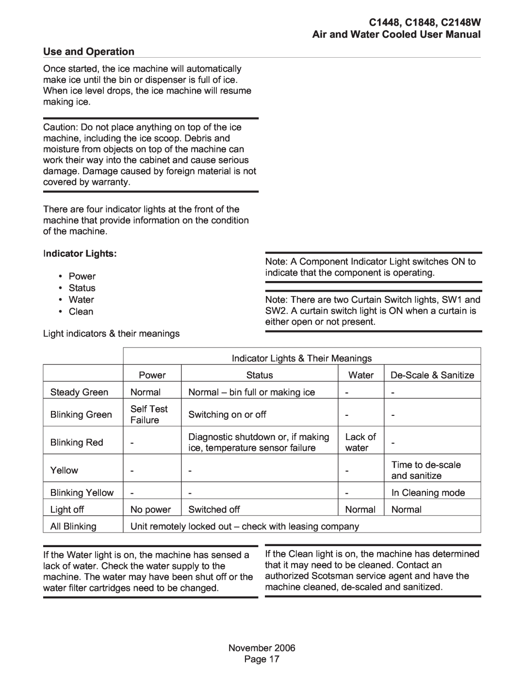 Scotsman Ice user manual Use and Operation, Indicator Lights, C1448, C1848, C2148W 