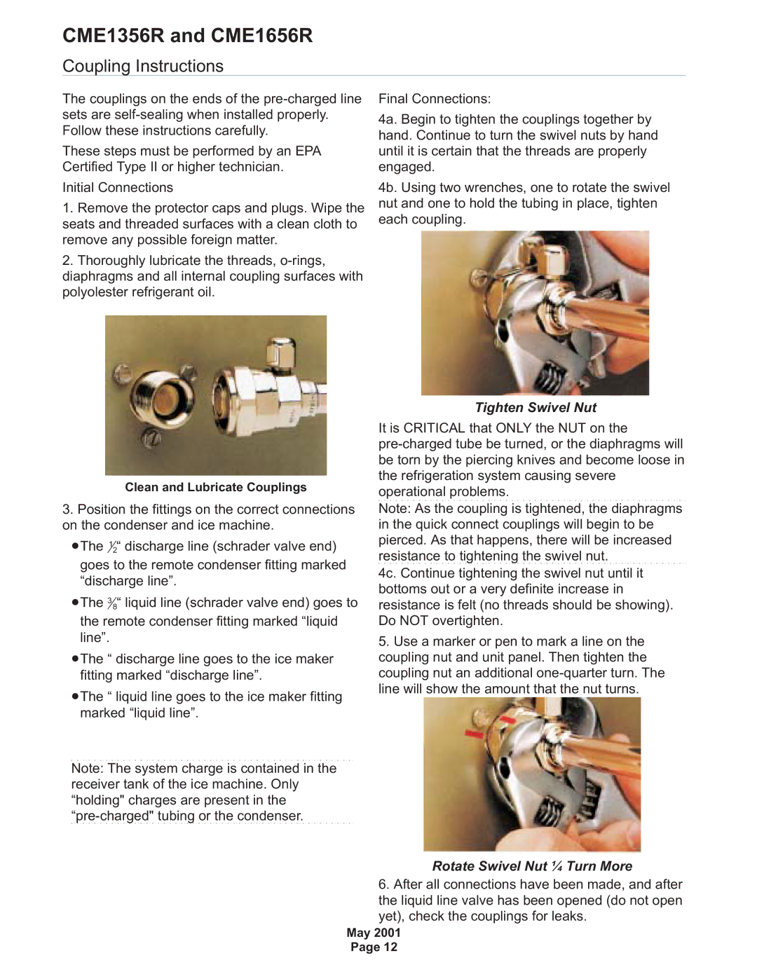 Scotsman Ice CME1356R, CME1656R specifications Coupling Instructions, Tighten Swivel Nut 