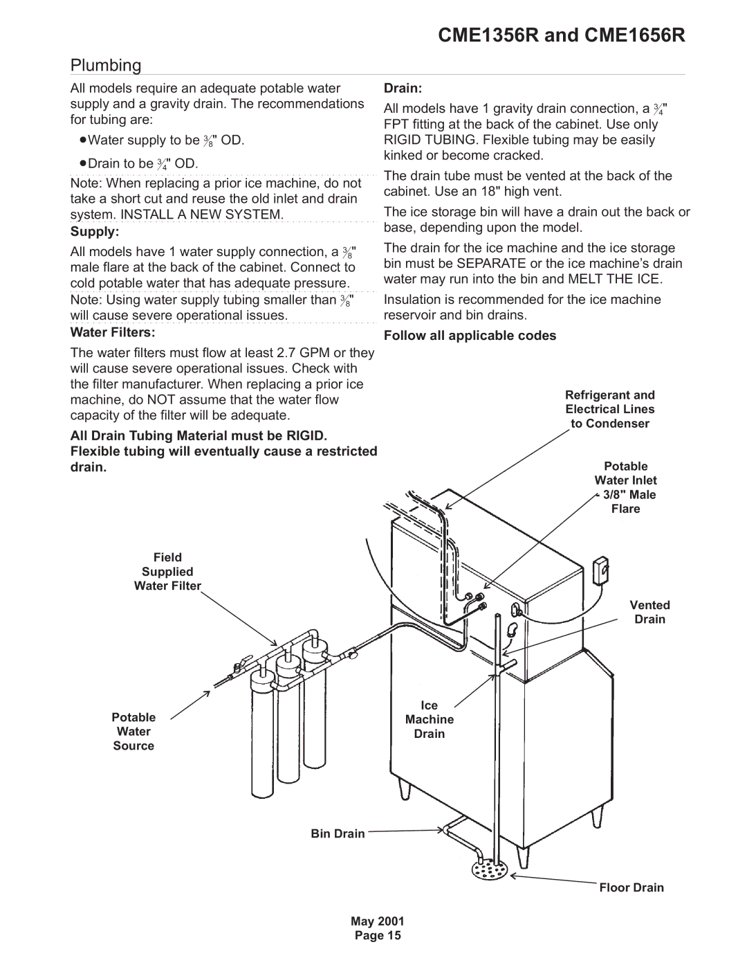 Scotsman Ice CME1656R, CME1356R specifications Plumbing, Supply, Drain, Water Filters Follow all applicable codes 