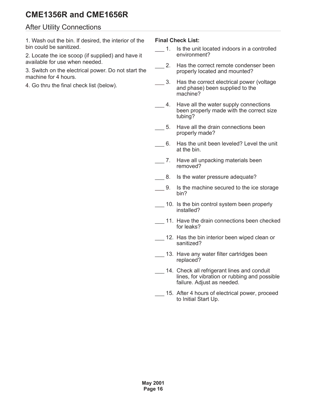 Scotsman Ice CME1356R, CME1656R specifications After Utility Connections, Final Check List 