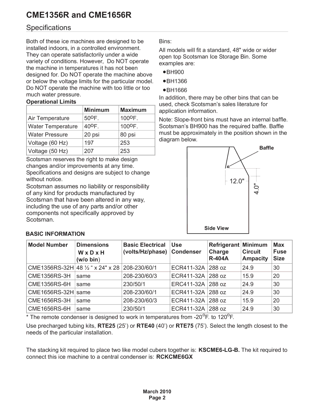 Scotsman Ice specifications CME1356R and CME1656R 