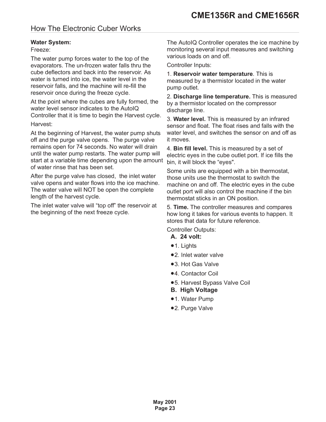 Scotsman Ice CME1656R, CME1356R specifications Water System, High Voltage 