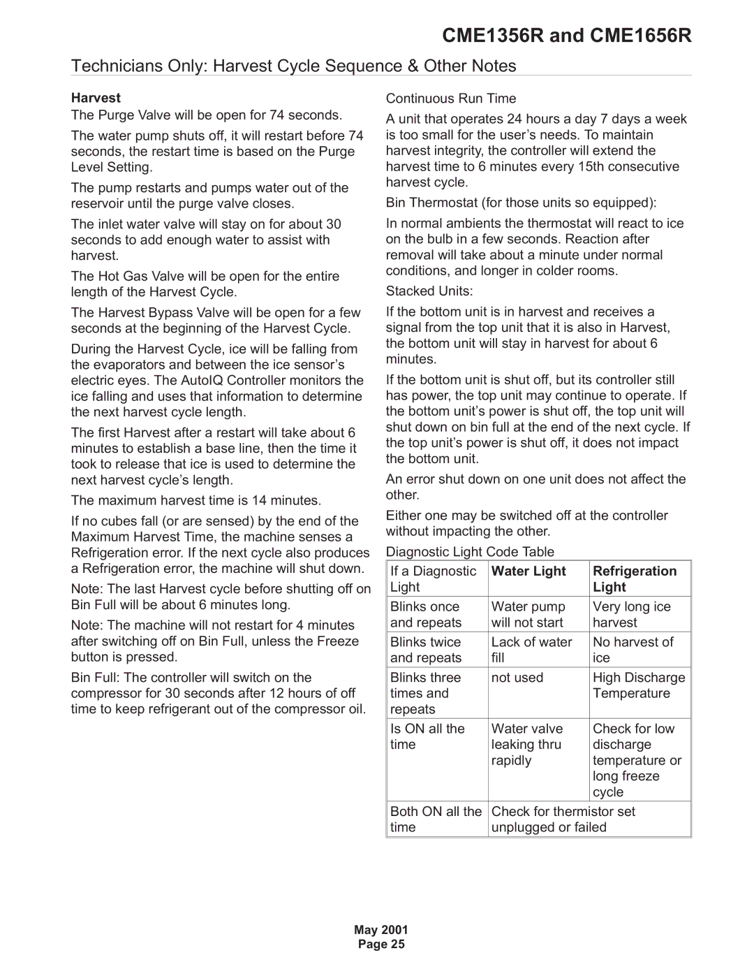 Scotsman Ice CME1656R, CME1356R Technicians Only Harvest Cycle Sequence & Other Notes, Water Light Refrigeration 