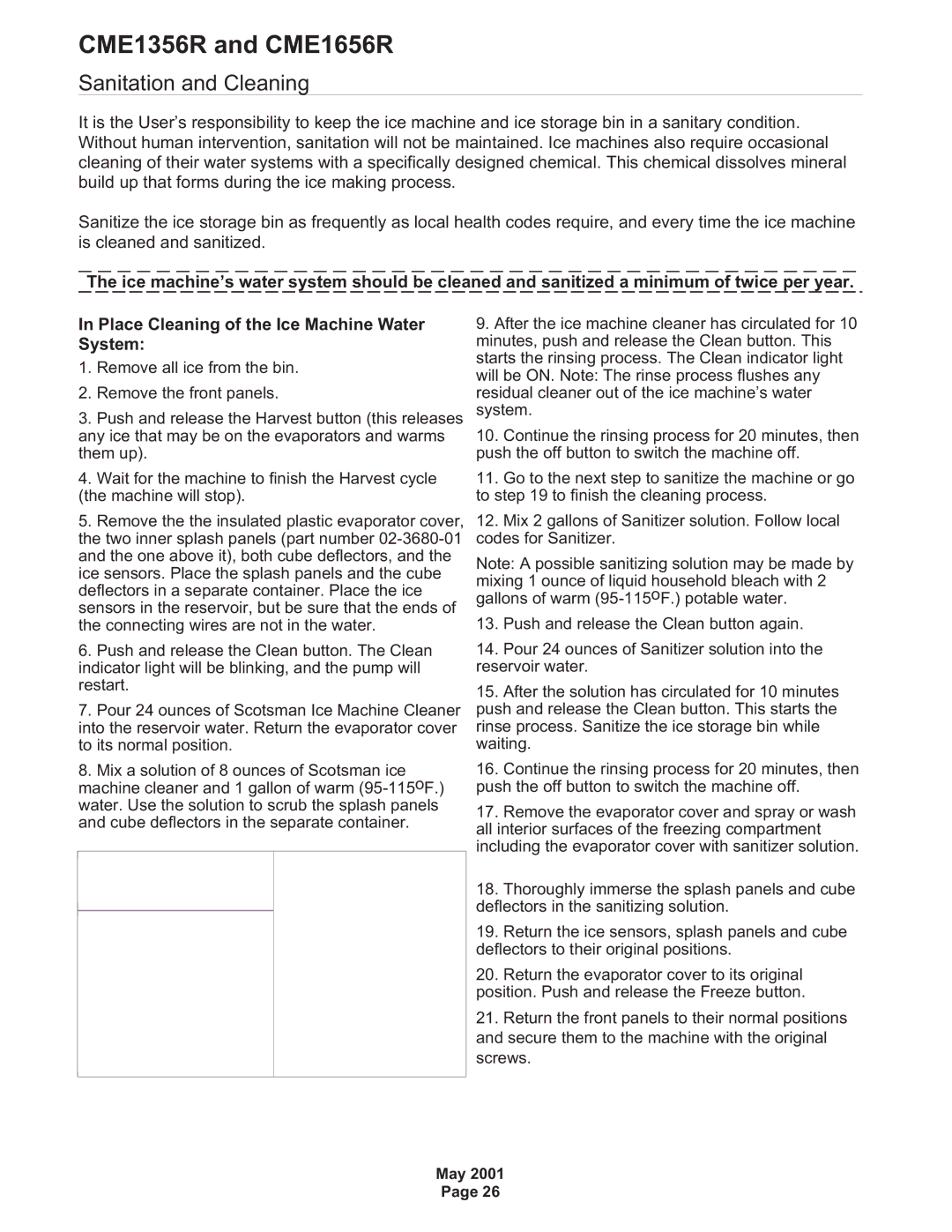 Scotsman Ice CME1356R, CME1656R specifications Sanitation and Cleaning 