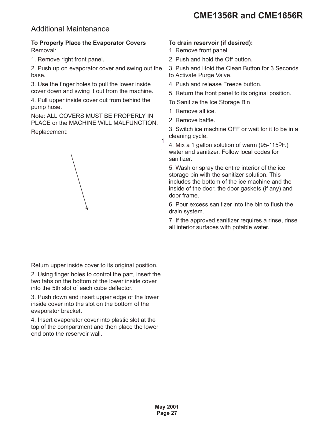 Scotsman Ice CME1656R Additional Maintenance, To Properly Place the Evaporator Covers, To drain reservoir if desired 
