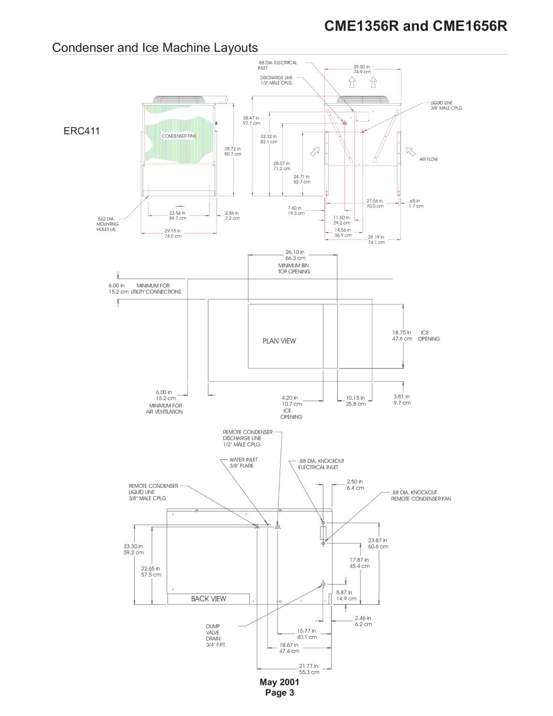 Scotsman Ice specifications CME1356R and CME1656R, Condenser and Ice Machine Layouts 