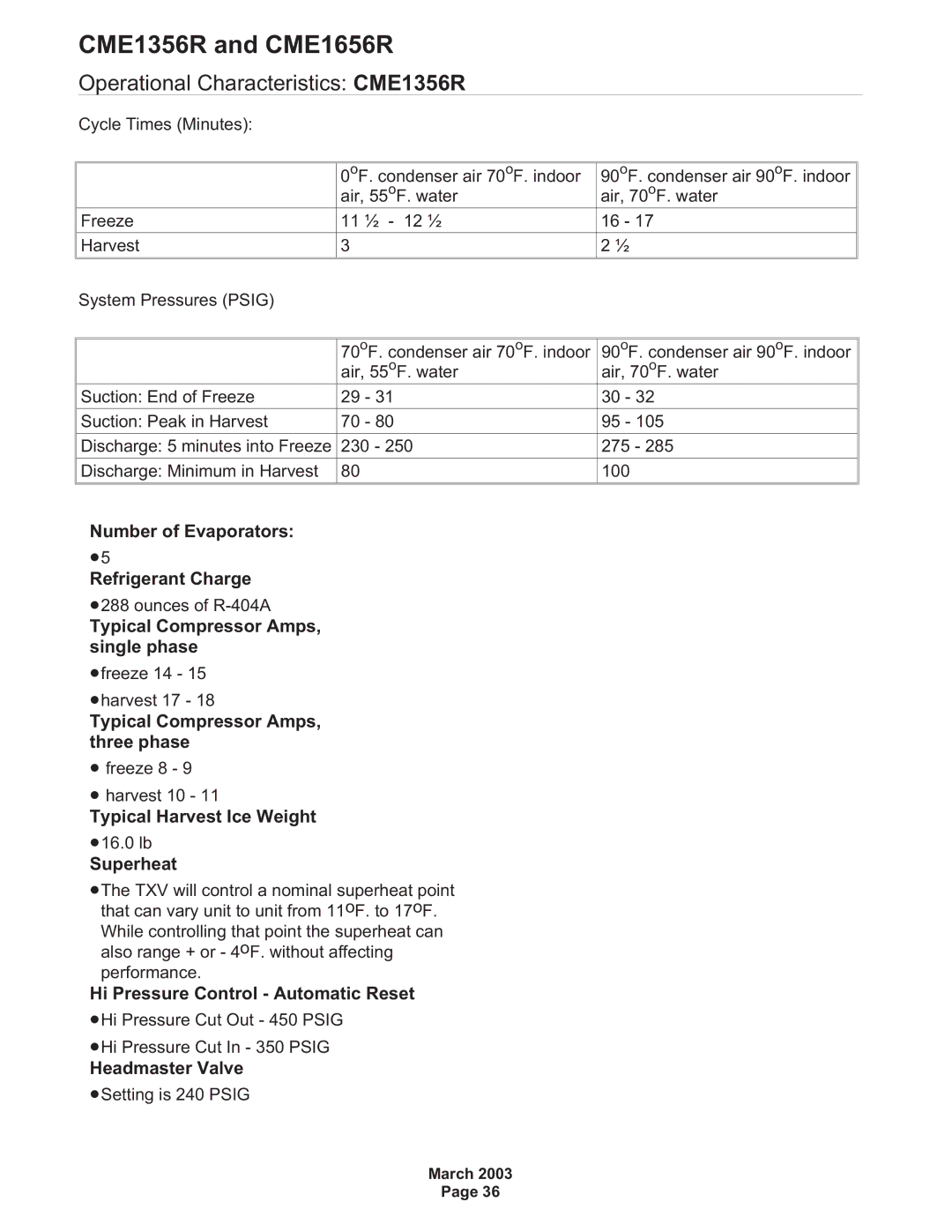 Scotsman Ice CME1656R specifications Operational Characteristics CME1356R 