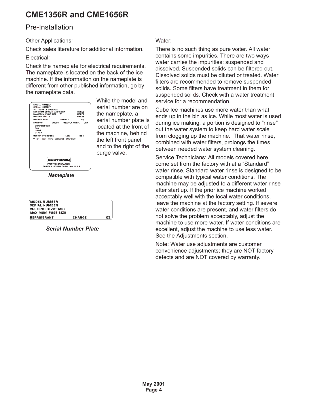 Scotsman Ice CME1356R, CME1656R specifications Pre-Installation, Serial Number Plate 