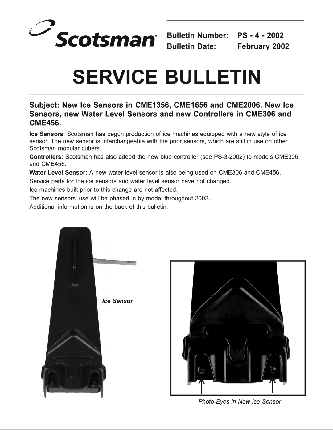 Scotsman Ice CME1356R, CME1656R specifications Service Bulletin 