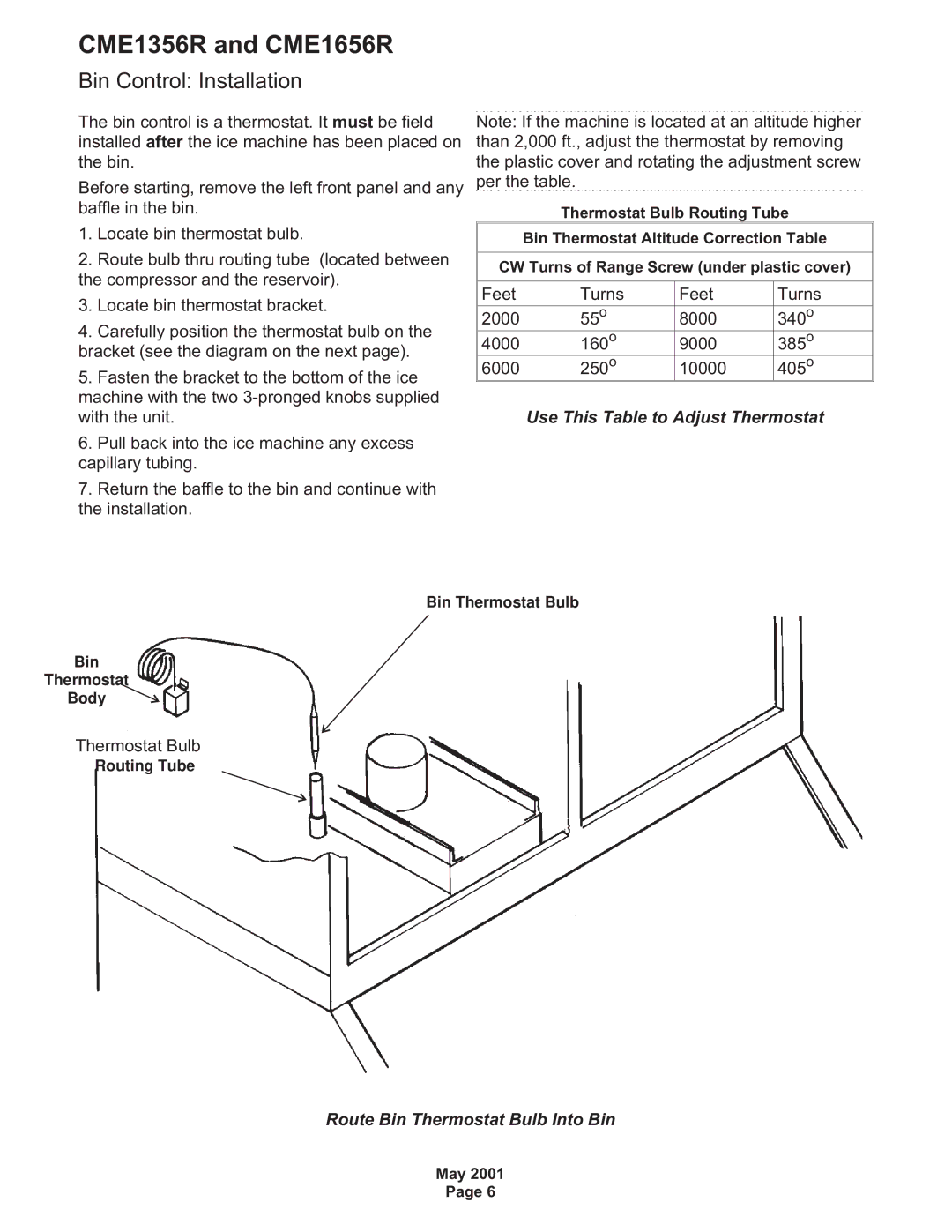 Scotsman Ice CME1356R, CME1656R specifications Bin Control Installation 