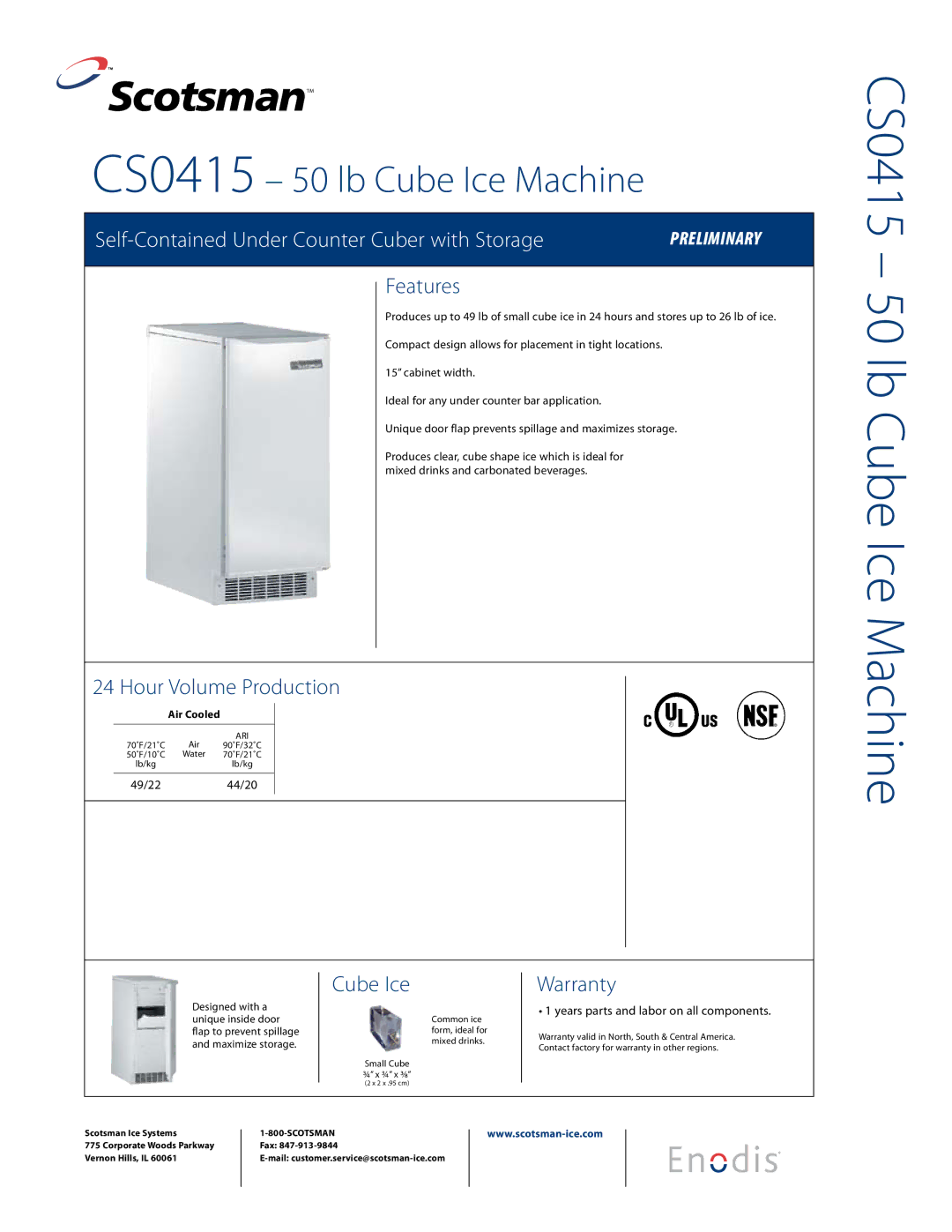 Scotsman Ice CS0415 warranty Features, Hour Volume Production, Cube Ice, Warranty 